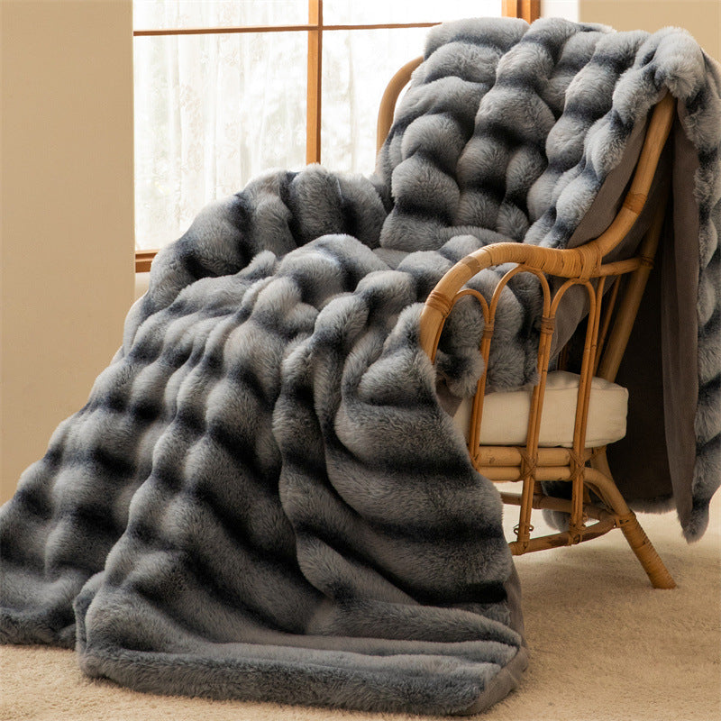 Throw Blanket in Thick Plush with Woven Stripe Pattern for Sofa and Bed Warmth