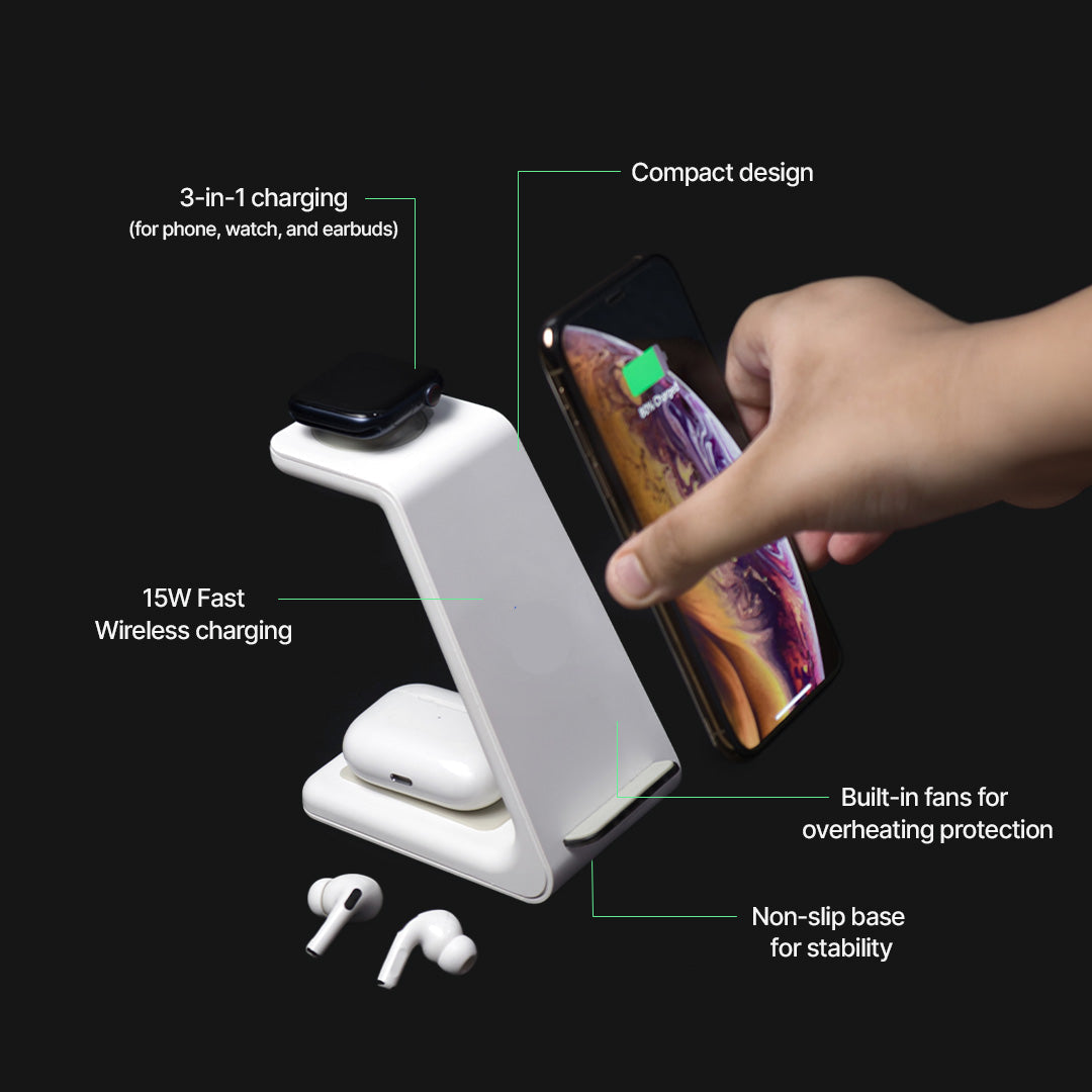 3 in 1 Wireless Charging Station 15W Fast Charger Dock for Phone Watch and Earbuds