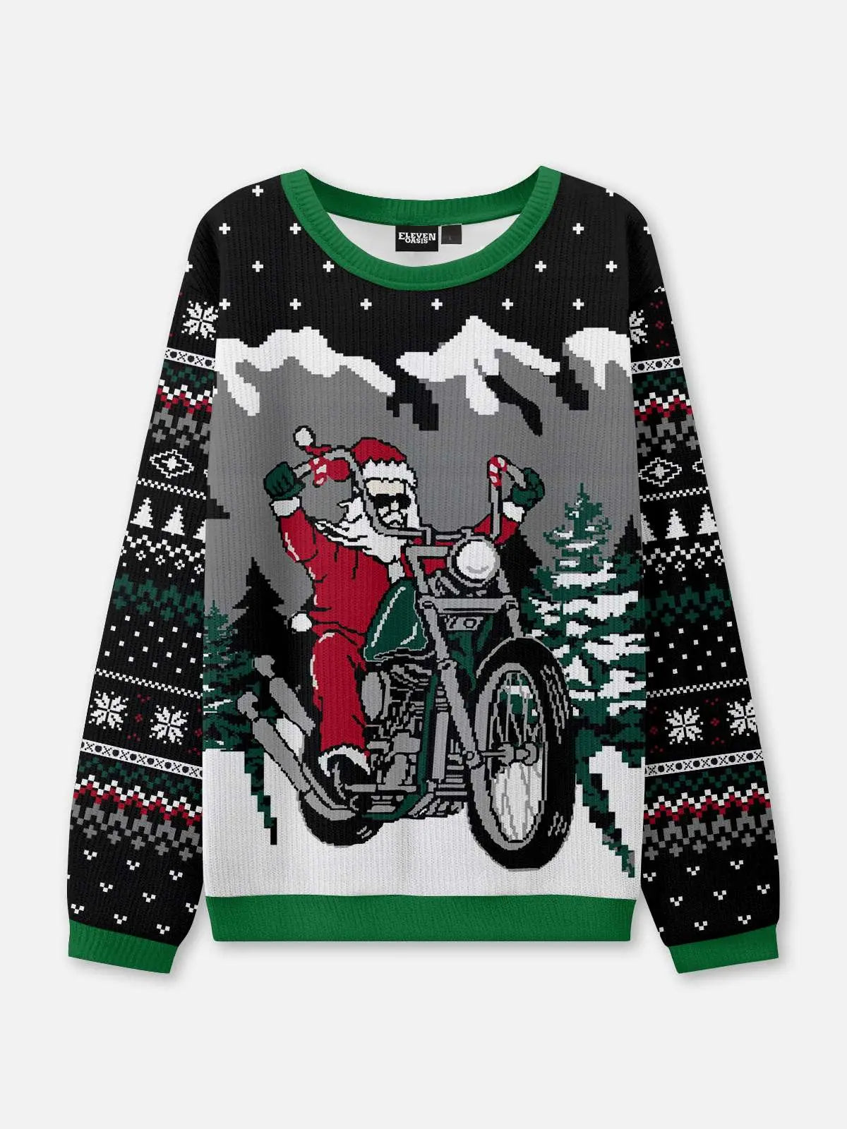 Ugly Christmas Sweater Santa on a Chopper in the Mountains