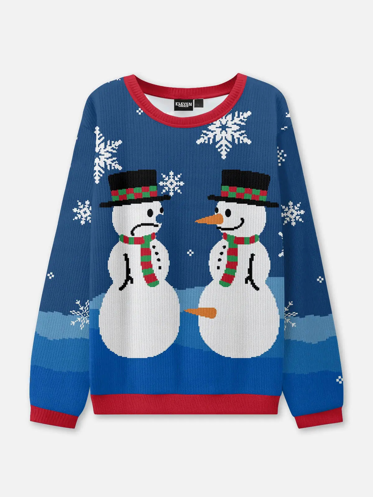 Ugly Christmas Sweater Snowman and a Missing Carrot in Blue