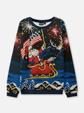 Ugly Christmas Sweater Santa with Fireworks and an Eagle in Blue
