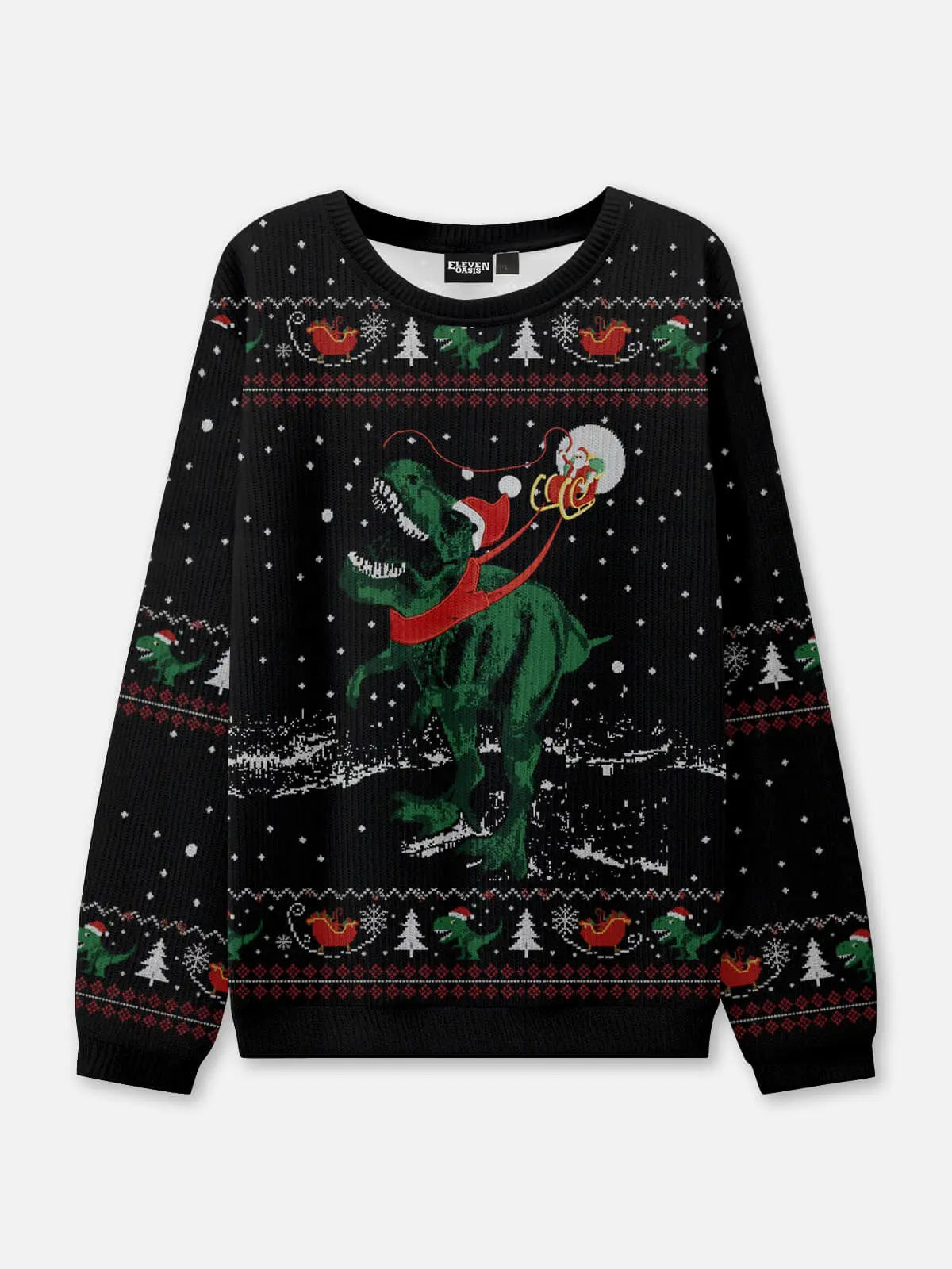 Ugly Christmas Sweater Santa with a Dinosaur Pulling the Sleigh