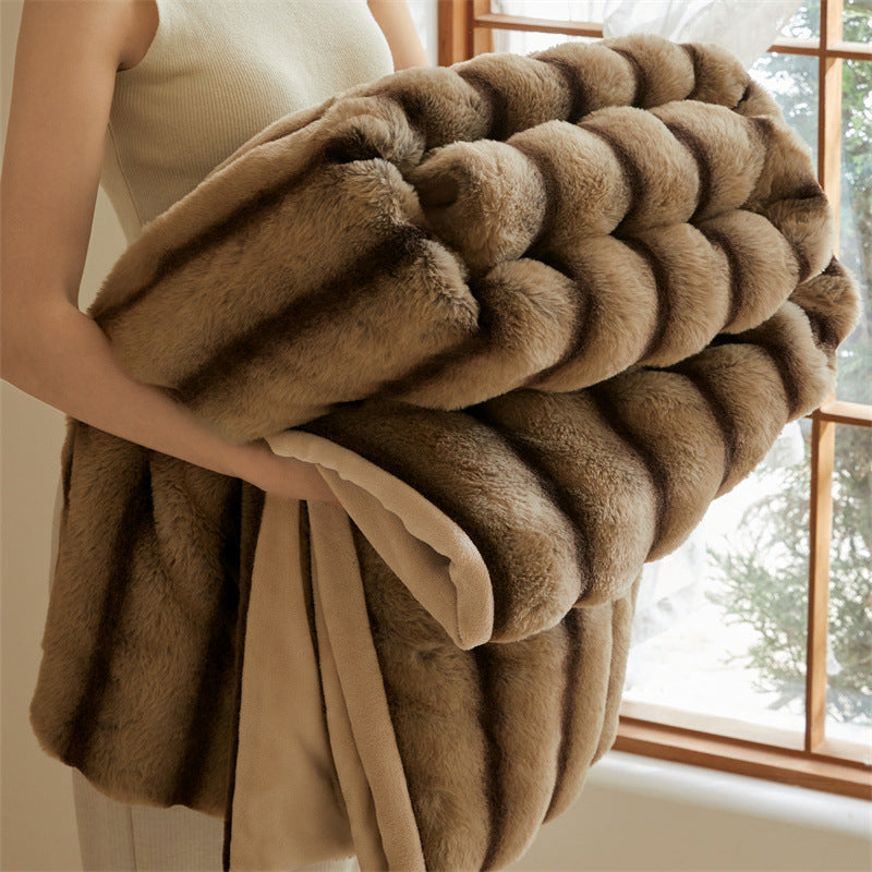 Throw Blanket in Thick Plush with Woven Stripe Pattern for Sofa and Bed Warmth