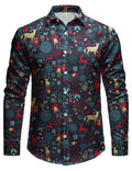 Mens Christmas Shirt Vintage Reindeer Print Long Sleeve Festive Holiday Top