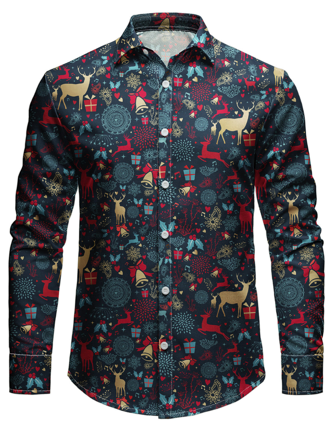 Mens Christmas Shirt Vintage Reindeer Print Long Sleeve Festive Holiday Top