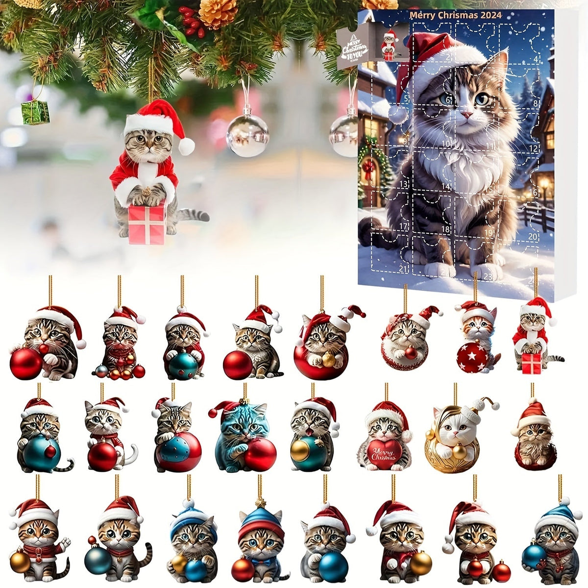 Advent Calendar Cat Ornaments in Acrylic with a Vintage Look