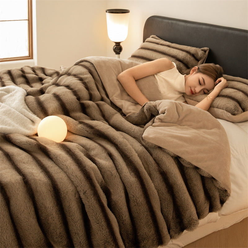 Throw Blanket in Thick Plush with Woven Stripe Pattern for Sofa and Bed Warmth