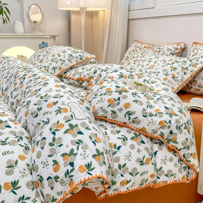 Floral Bedding Set with Cherry Blossom and Berry Print in Four Sizes