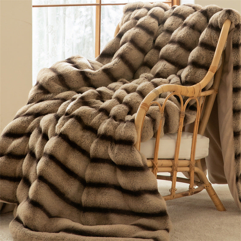 Throw Blanket in Thick Plush with Woven Stripe Pattern for Sofa and Bed Warmth
