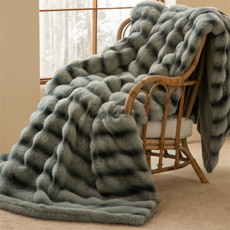 Throw Blanket in Thick Plush with Woven Stripe Pattern for Sofa and Bed Warmth