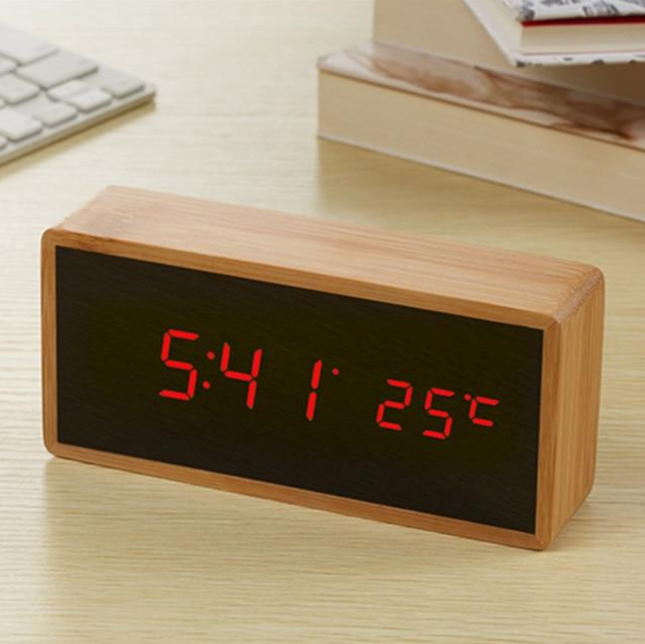 Digital Alarm Clock Wooden LED Display with Temperature for Bedroom and Desk USB Powered