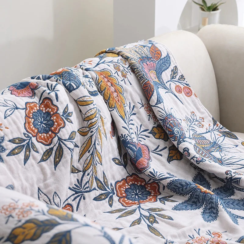 Floral Bed Throw Blanket Cotton Double Sided with Tassel Trim for Bedroom and Sofa Large