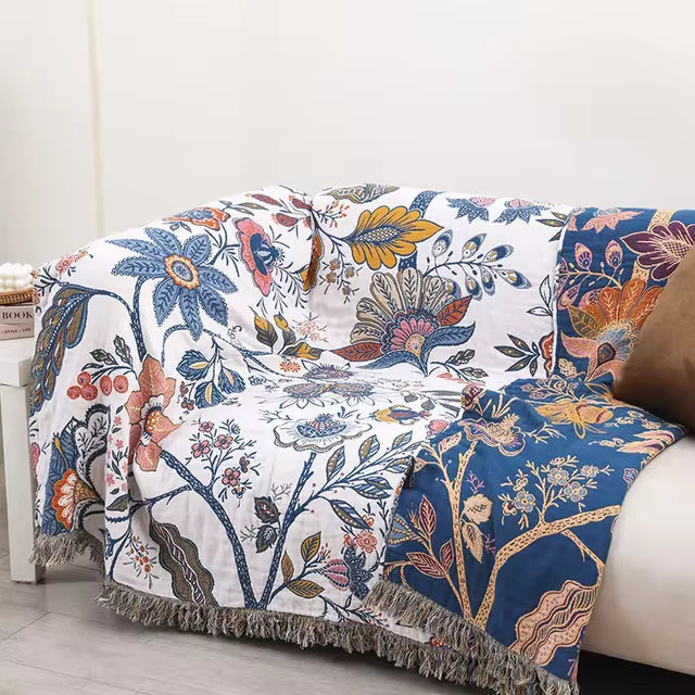 Floral Bed Throw Blanket Cotton Double Sided with Tassel Trim for Bedroom and Sofa Large