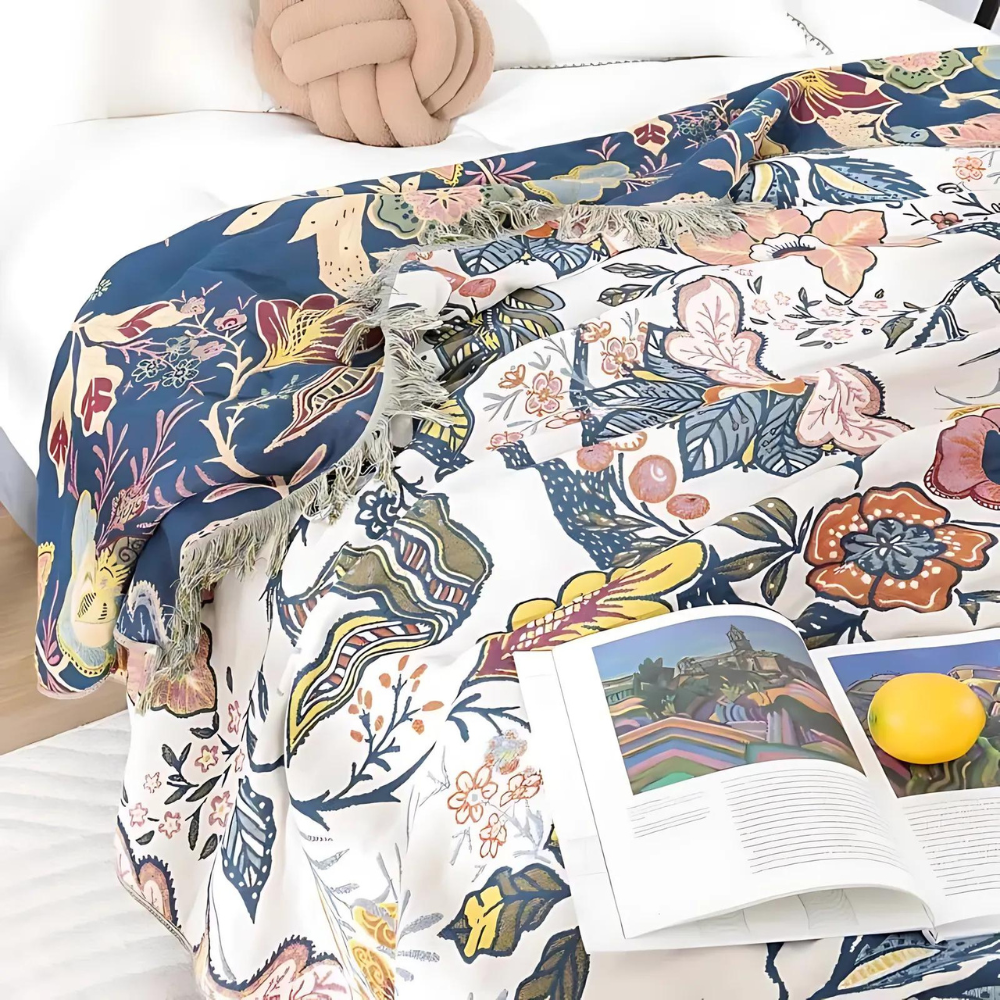 Floral Bed Throw Blanket Cotton Double Sided with Tassel Trim for Bedroom and Sofa Large
