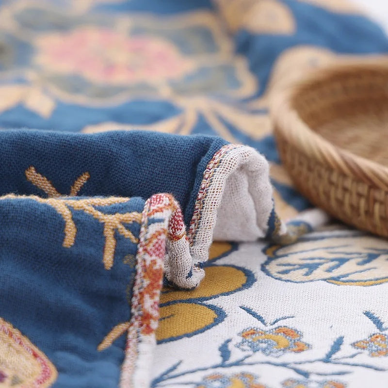Floral Bed Throw Blanket Cotton Double Sided with Tassel Trim for Bedroom and Sofa Large