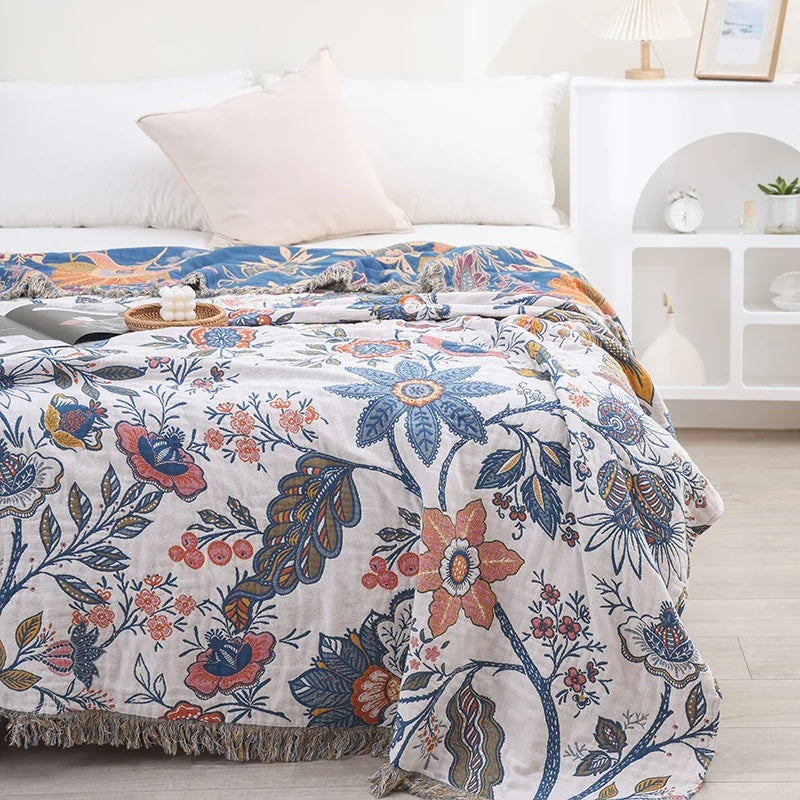 Floral Bed Throw Blanket Cotton Double Sided with Tassel Trim for Bedroom and Sofa Large