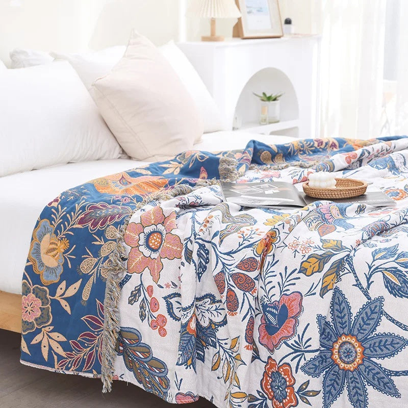 Floral Bed Throw Blanket Cotton Double Sided with Tassel Trim for Bedroom and Sofa Large