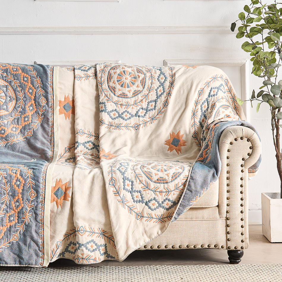 Bed Throw Blanket Cotton Double Sided with Geometric Pattern for Bedroom and Sofa Large