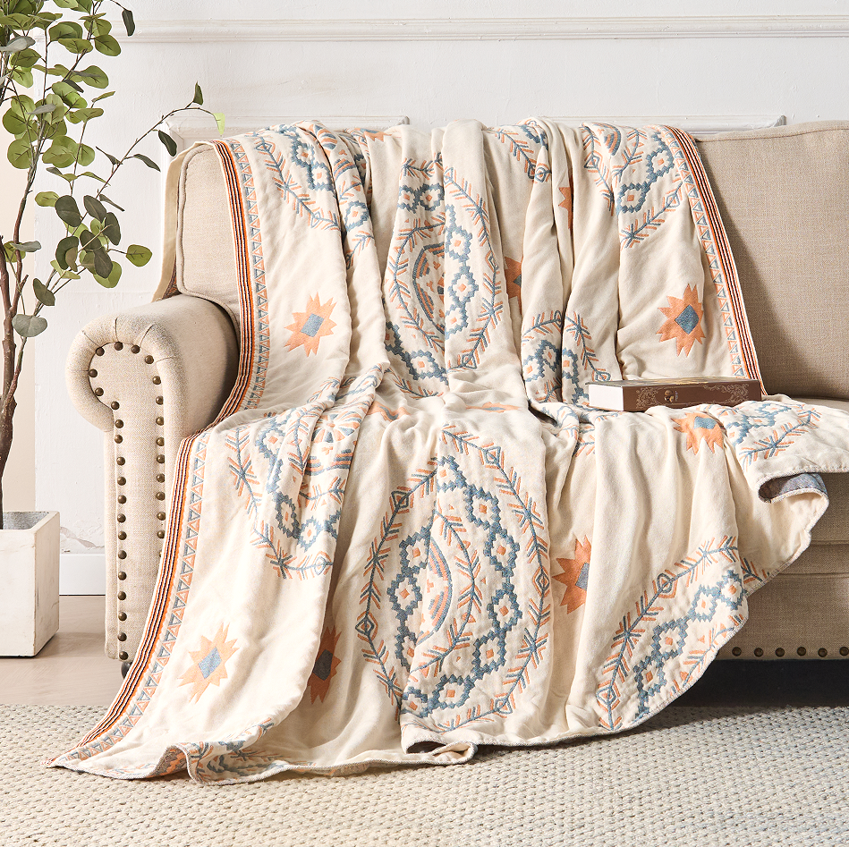 Bed Throw Blanket Cotton Double Sided with Geometric Pattern for Bedroom and Sofa Large