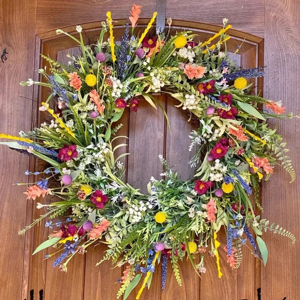 Artificial Outdoor Wreath with Lifelike Blooms and Greenery for Front Door Display