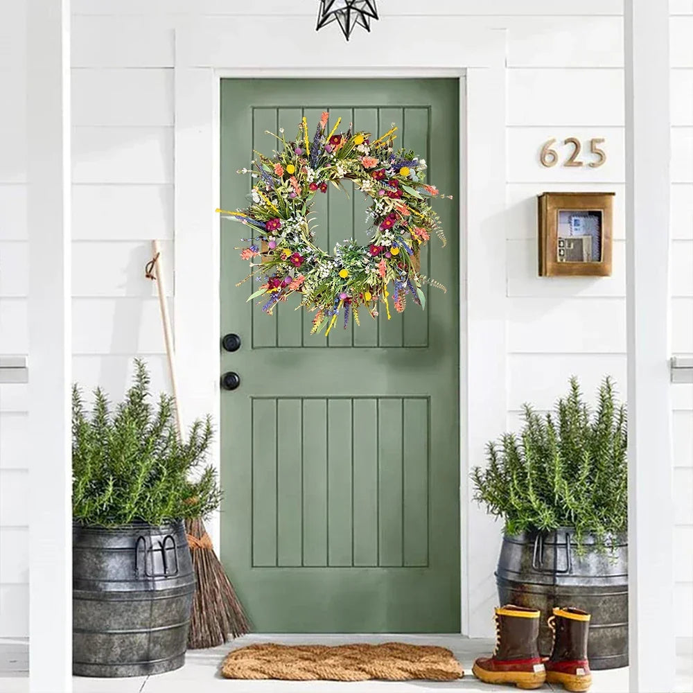 Artificial Outdoor Wreath with Lifelike Blooms and Greenery for Front Door Display