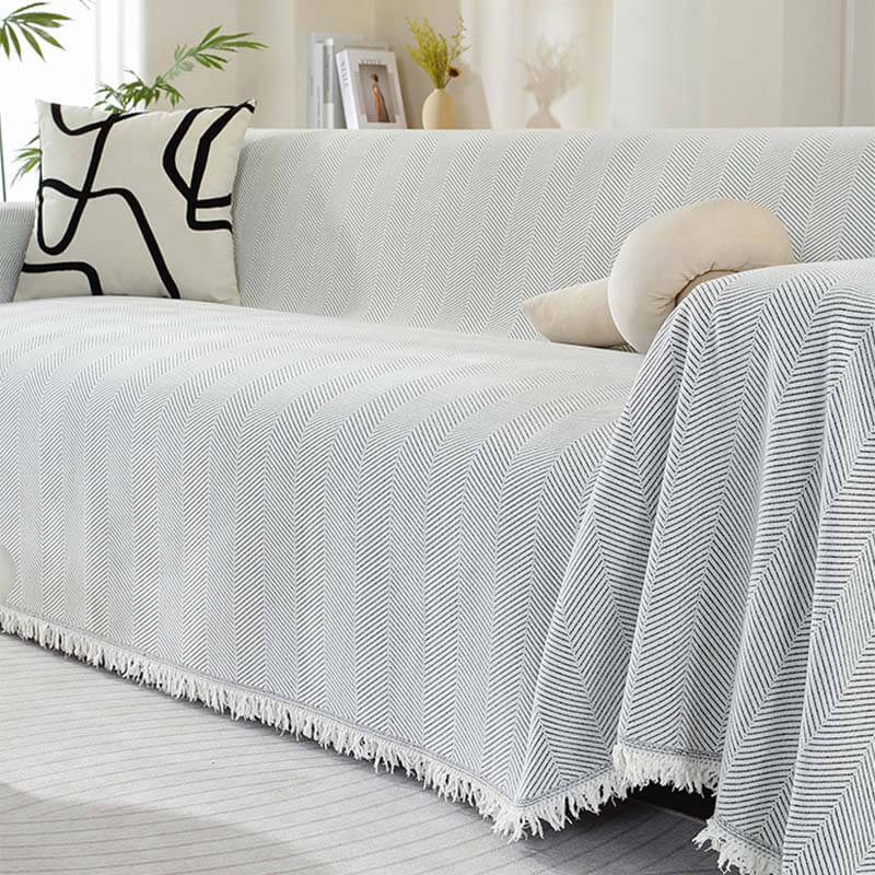 Herringbone Sofa Cover with Tassel Trim Furniture Protector in Five Lengths
