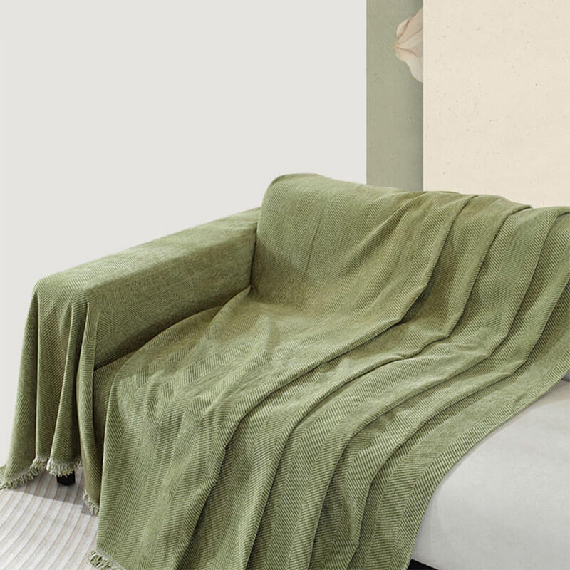 Herringbone Sofa Cover with Tassel Trim Furniture Protector in Five Lengths