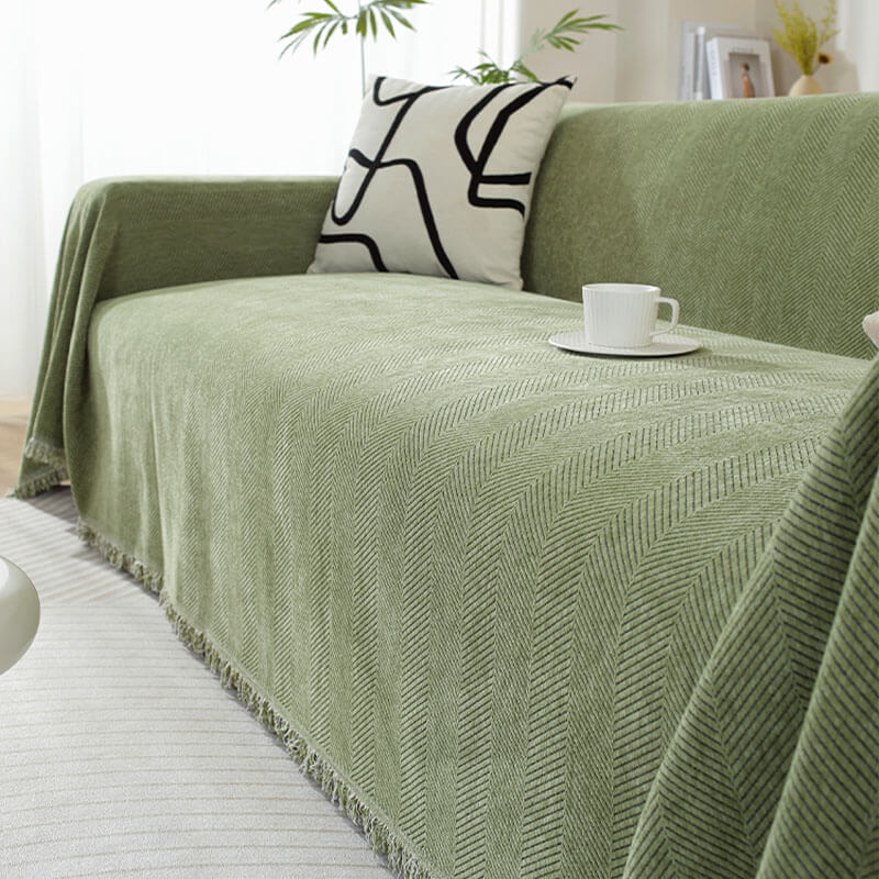 Herringbone Sofa Cover with Tassel Trim Furniture Protector in Five Lengths