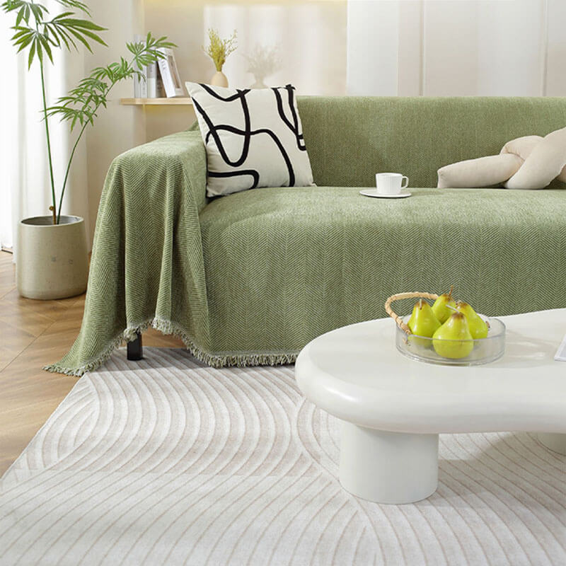 Herringbone Sofa Cover with Tassel Trim Furniture Protector in Five Lengths