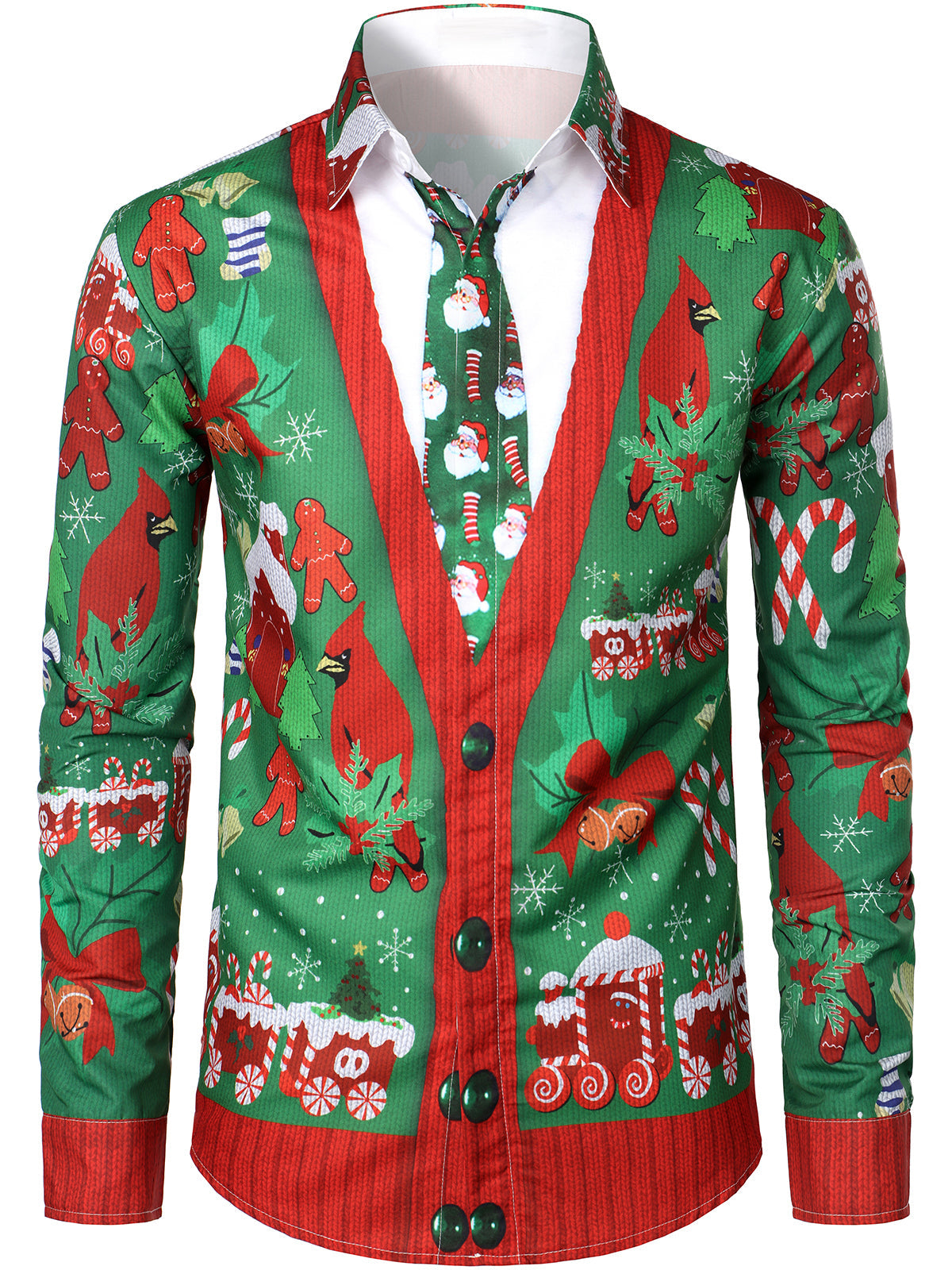 Mens Christmas Tops Green Button Front Long Sleeve Shirt with Festive Xmas Print