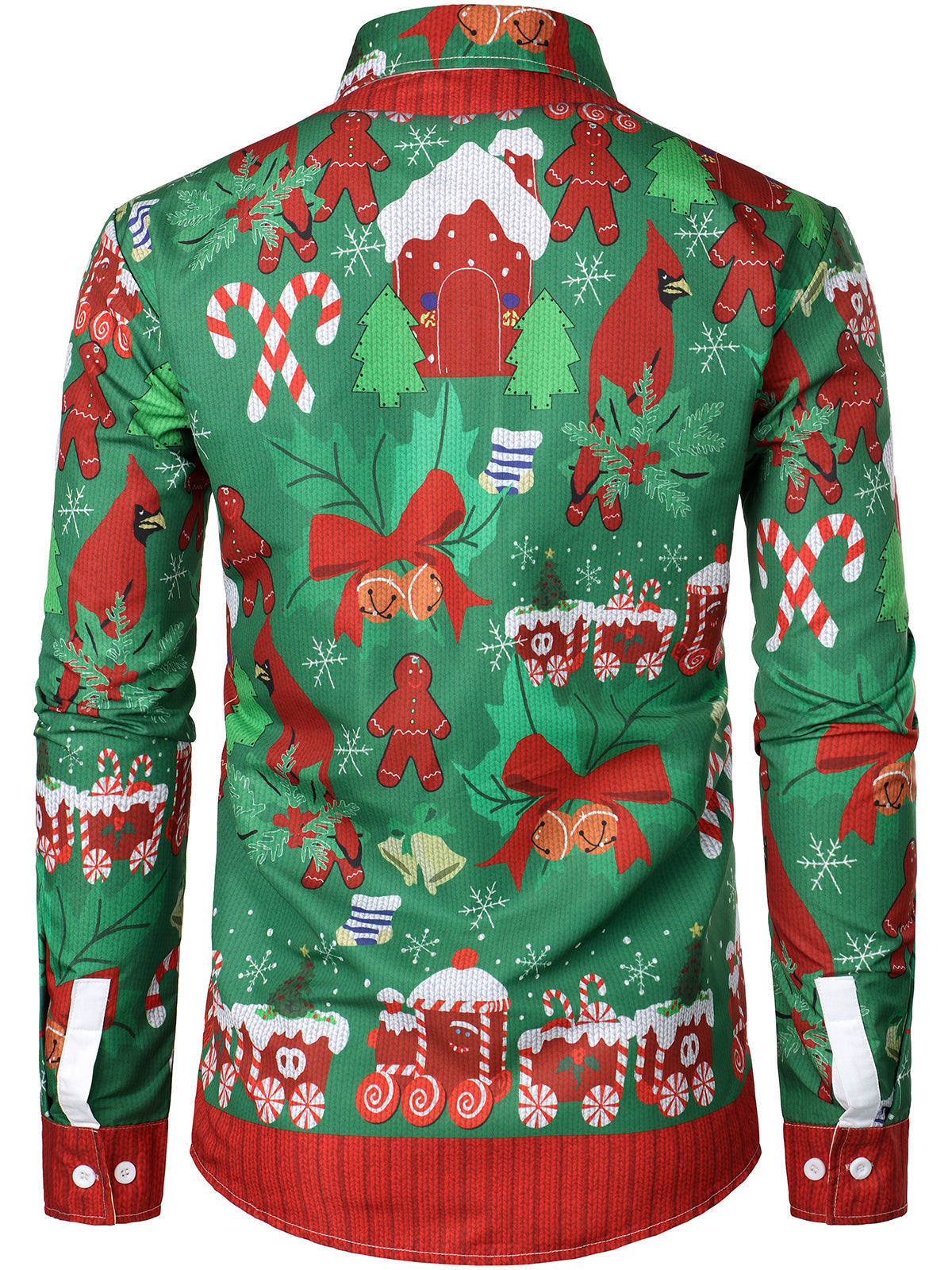 Mens Christmas Tops Green Button Front Long Sleeve Shirt with Festive Xmas Print