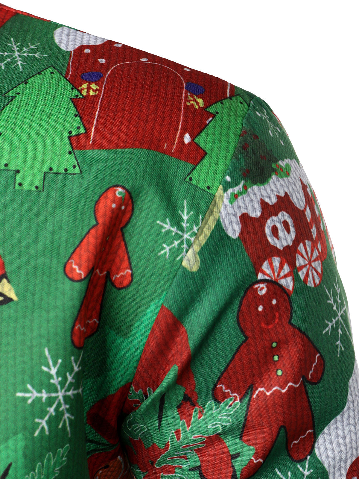 Mens Christmas Tops Green Button Front Long Sleeve Shirt with Festive Xmas Print