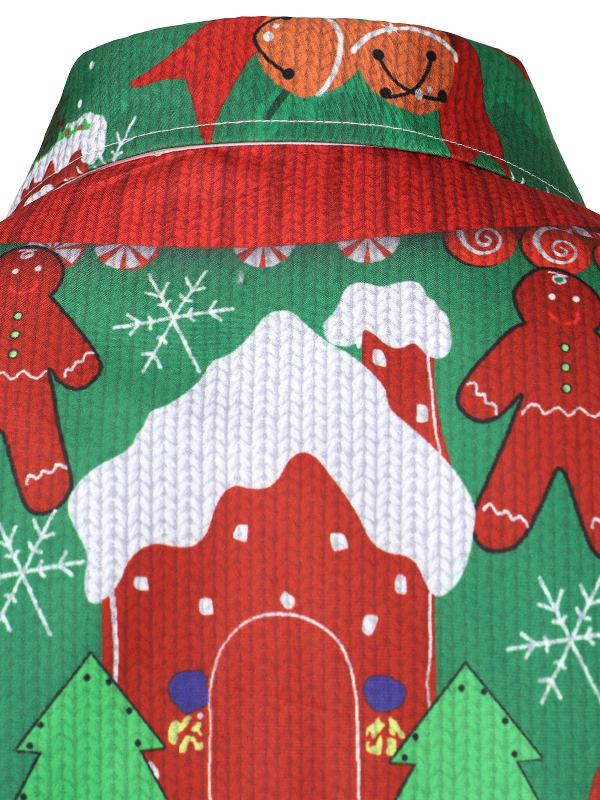 Mens Christmas Tops Green Button Front Long Sleeve Shirt with Festive Xmas Print