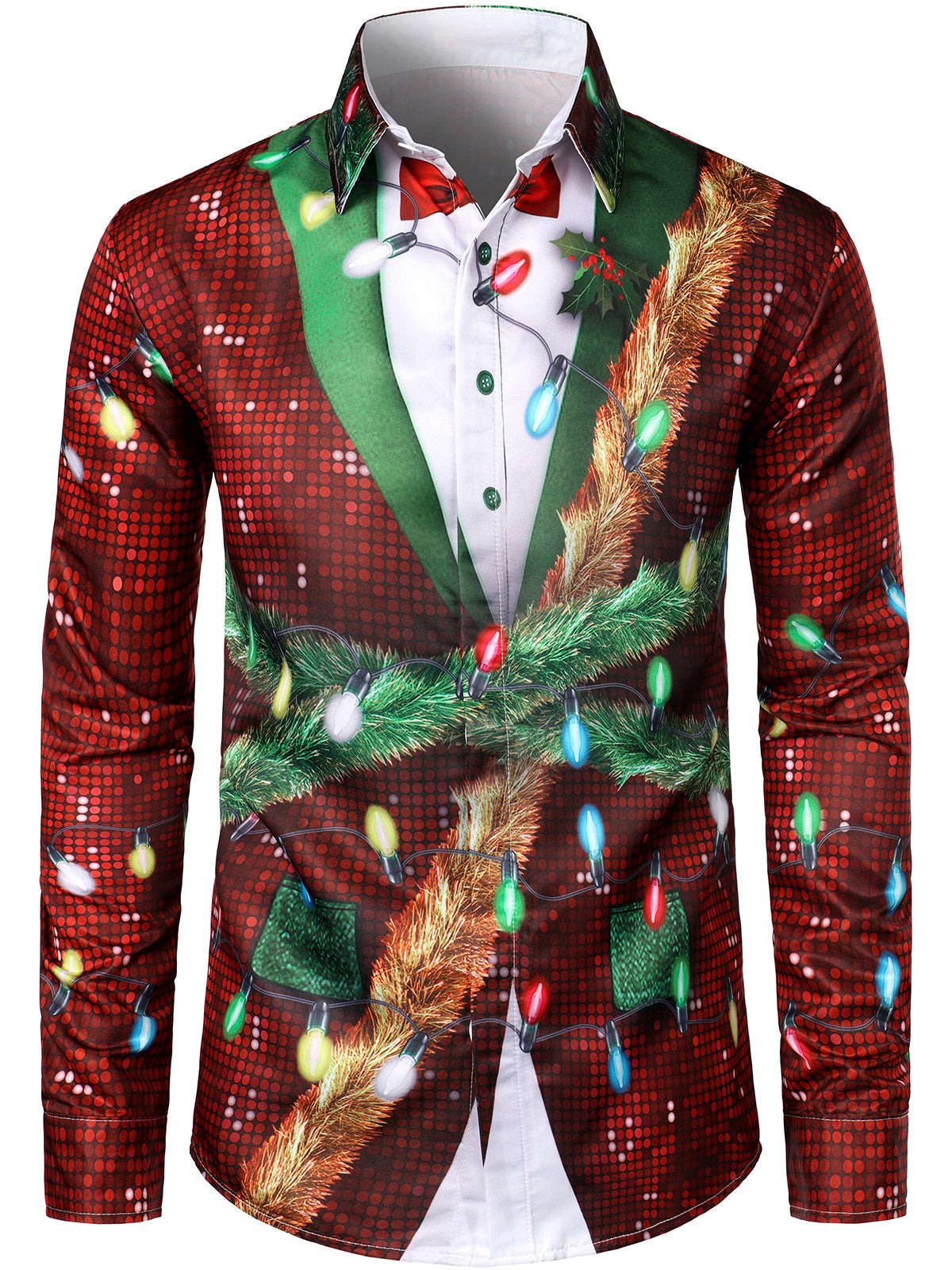 Funny Outfits Christmas Shirt Red Button Front Long Sleeve with Festive Disco Print