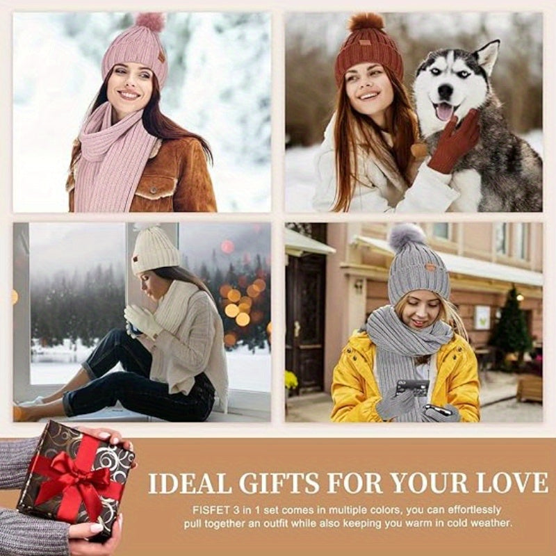 Winter Gloves Hat and Knit Scarf 3 Piece Set for Men and Women with Touchscreen Fingers