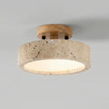 Travertine Ceiling Light Round Japanese Modern LED Flush Mount with Stone Ring and Wood Trim