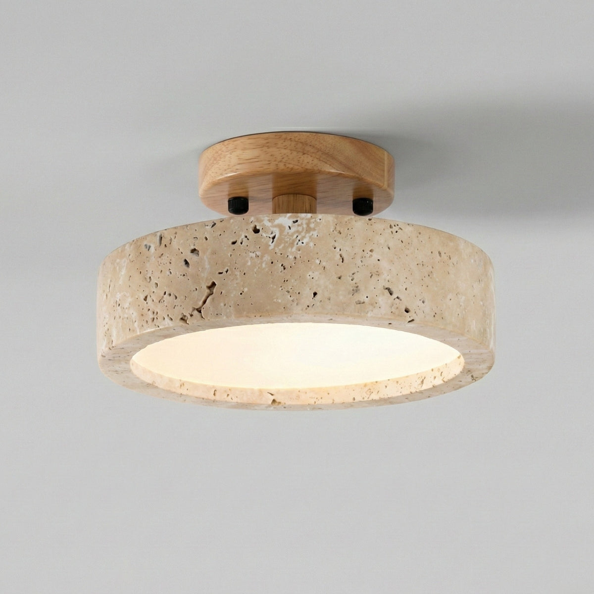 Travertine Ceiling Light Round Japanese Modern LED Flush Mount with Stone Ring and Wood Trim