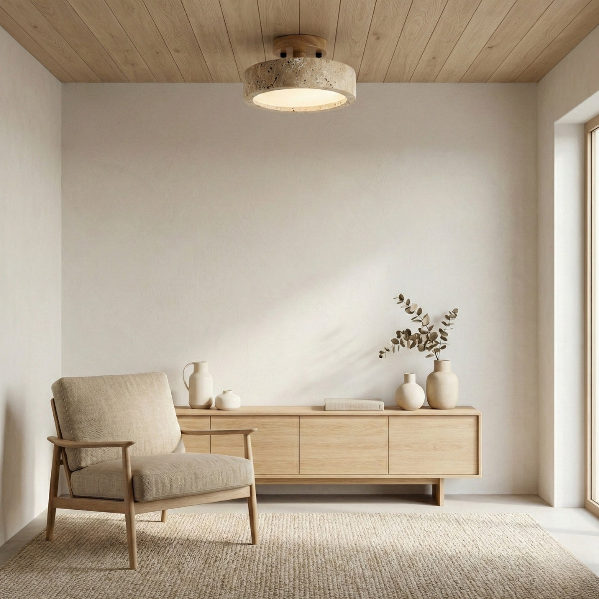 Travertine Ceiling Light Round Japanese Modern LED Flush Mount with Stone Ring and Wood Trim