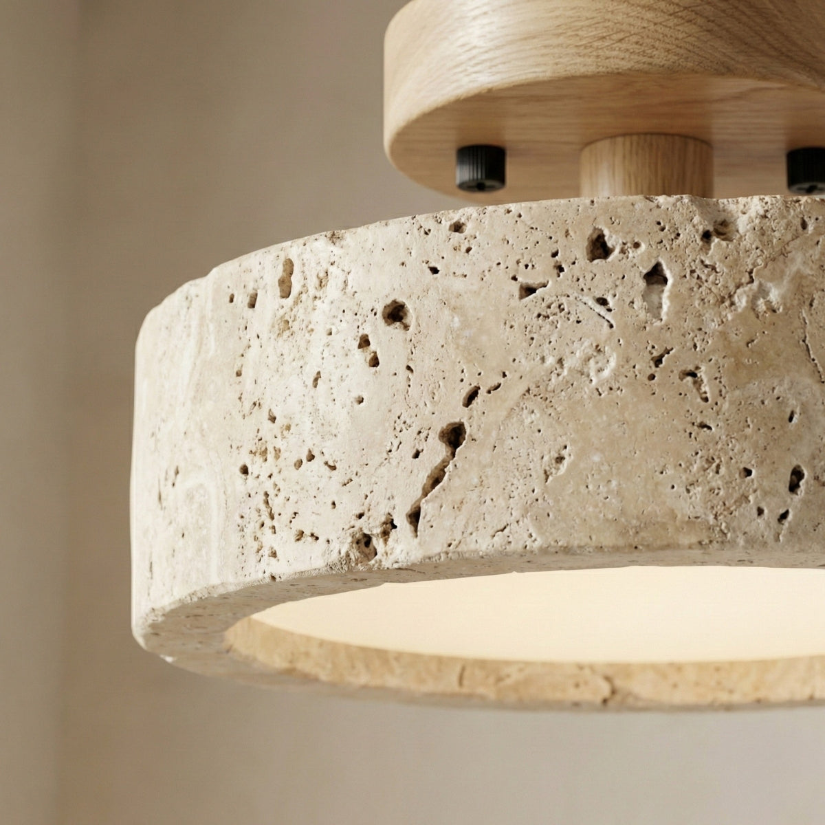 Travertine Ceiling Light Round Japanese Modern LED Flush Mount with Stone Ring and Wood Trim