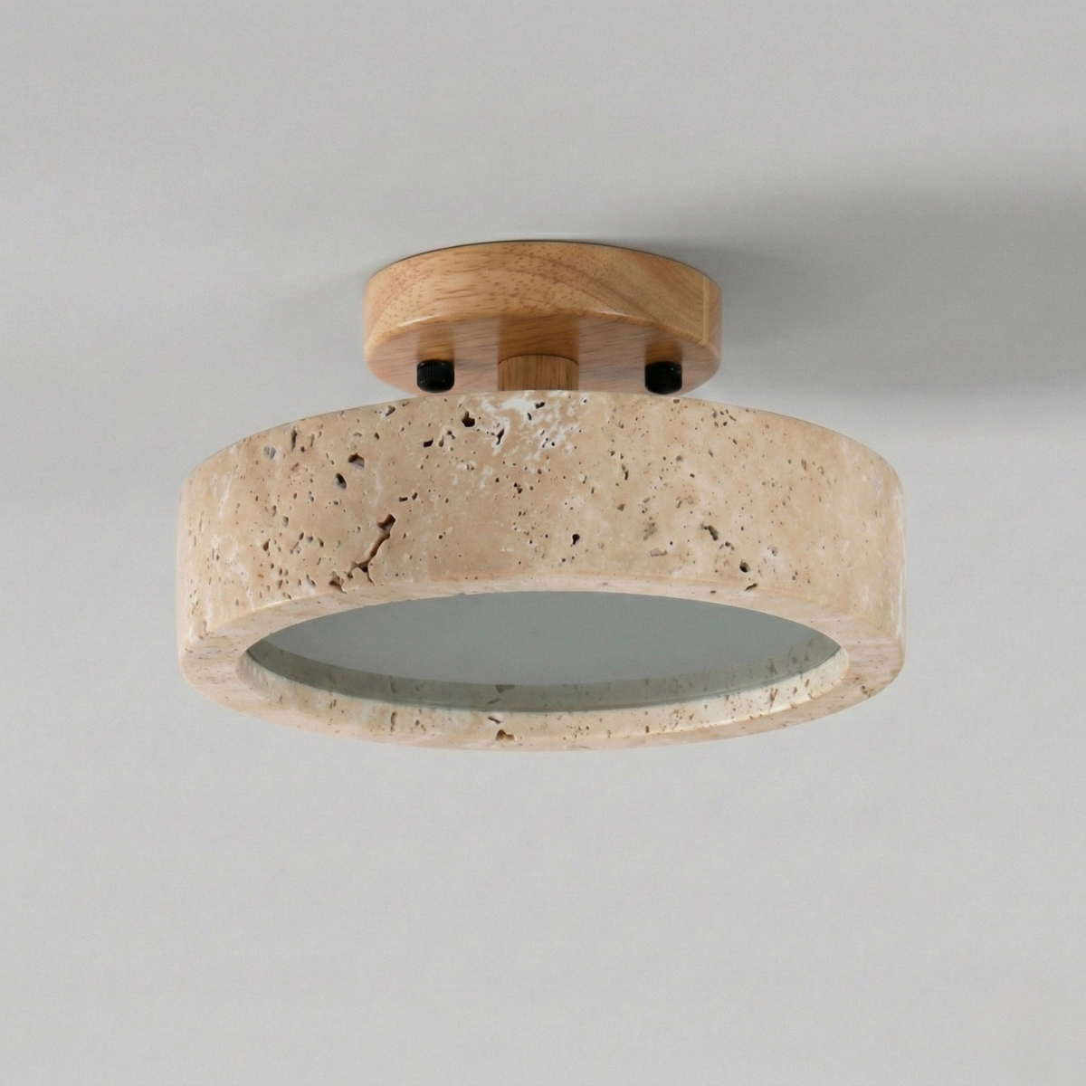 Travertine Ceiling Light Round Japanese Modern LED Flush Mount with Stone Ring and Wood Trim