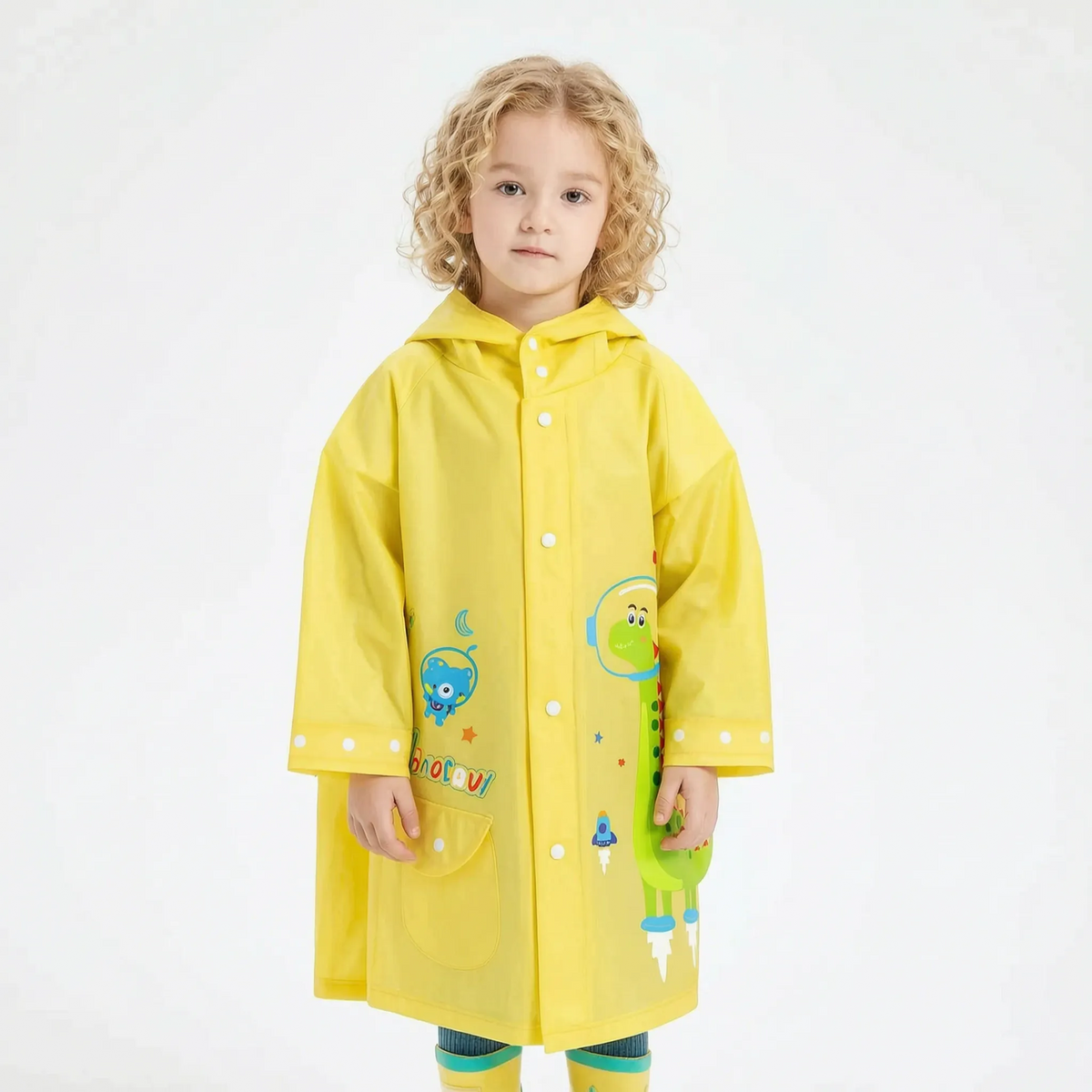 Boys Raincoat Cartoon Print Kids Rain Jacket with Hood and Backpack Compartment