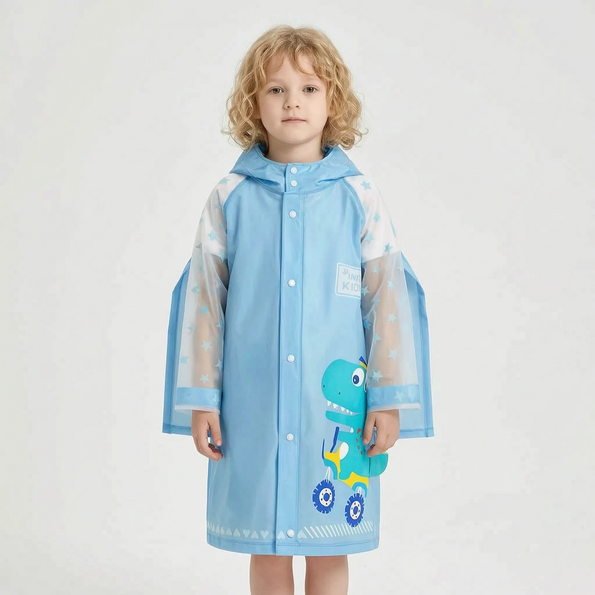 Boys Raincoat Cartoon Print Kids Rain Jacket with Hood and Backpack Compartment