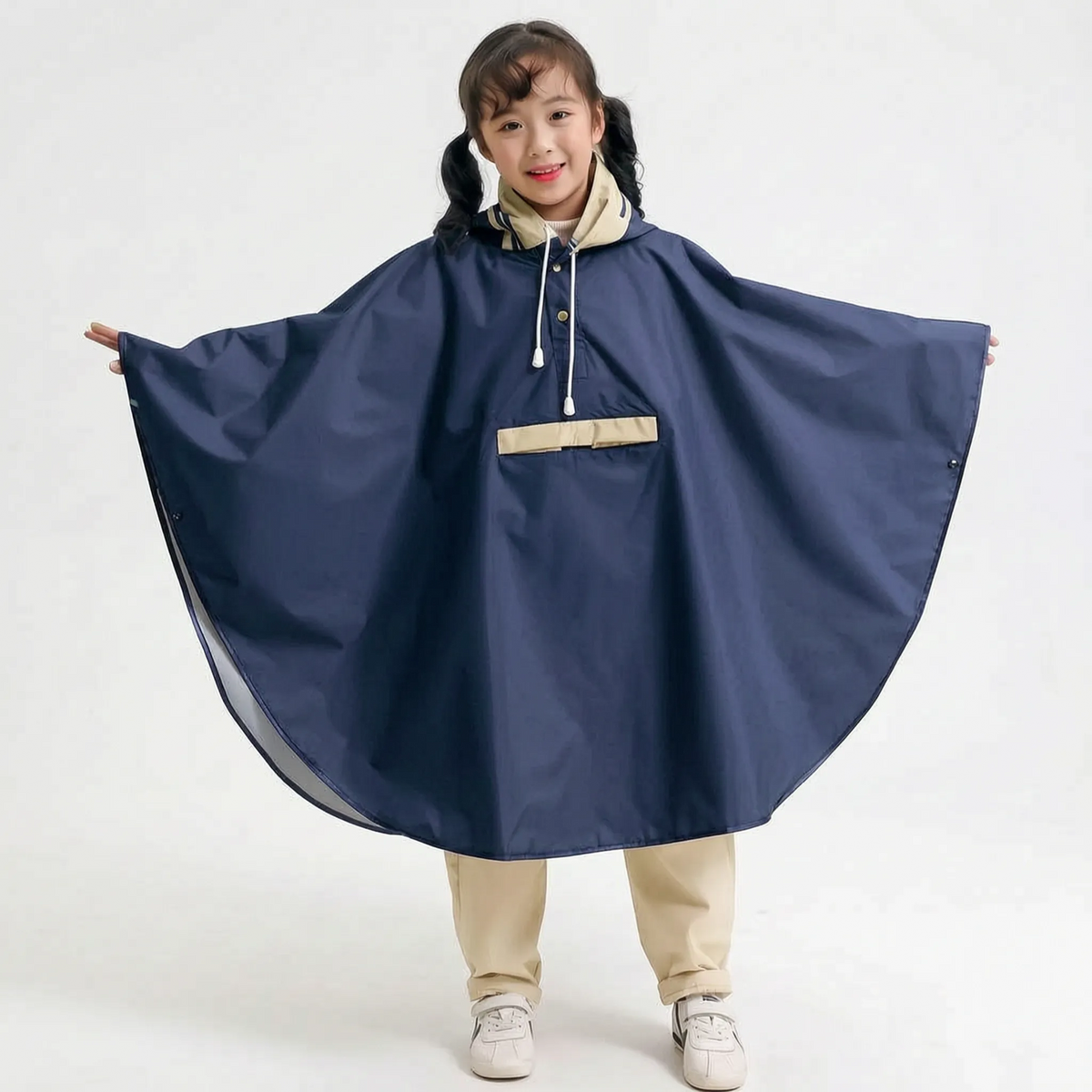 Kids Rain Poncho Raincoat with Cape Design and Drawstring Hood for School Backpacks