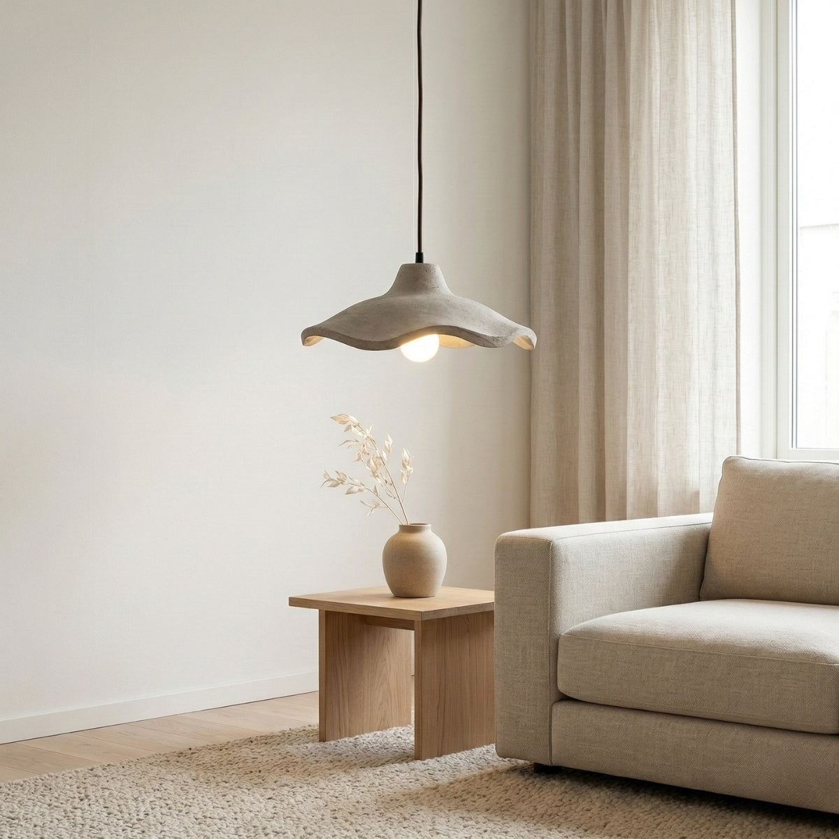 Cement Pendant Light Organic Wavy Shade Hanging Ceiling Lamp with Warm White Exposed Bulb