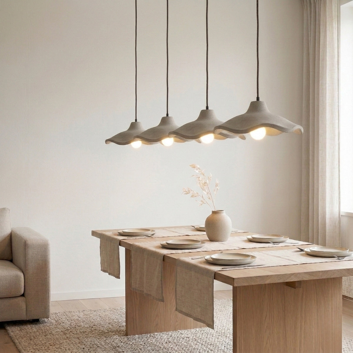 Cement Pendant Light Organic Wavy Shade Hanging Ceiling Lamp with Warm White Exposed Bulb