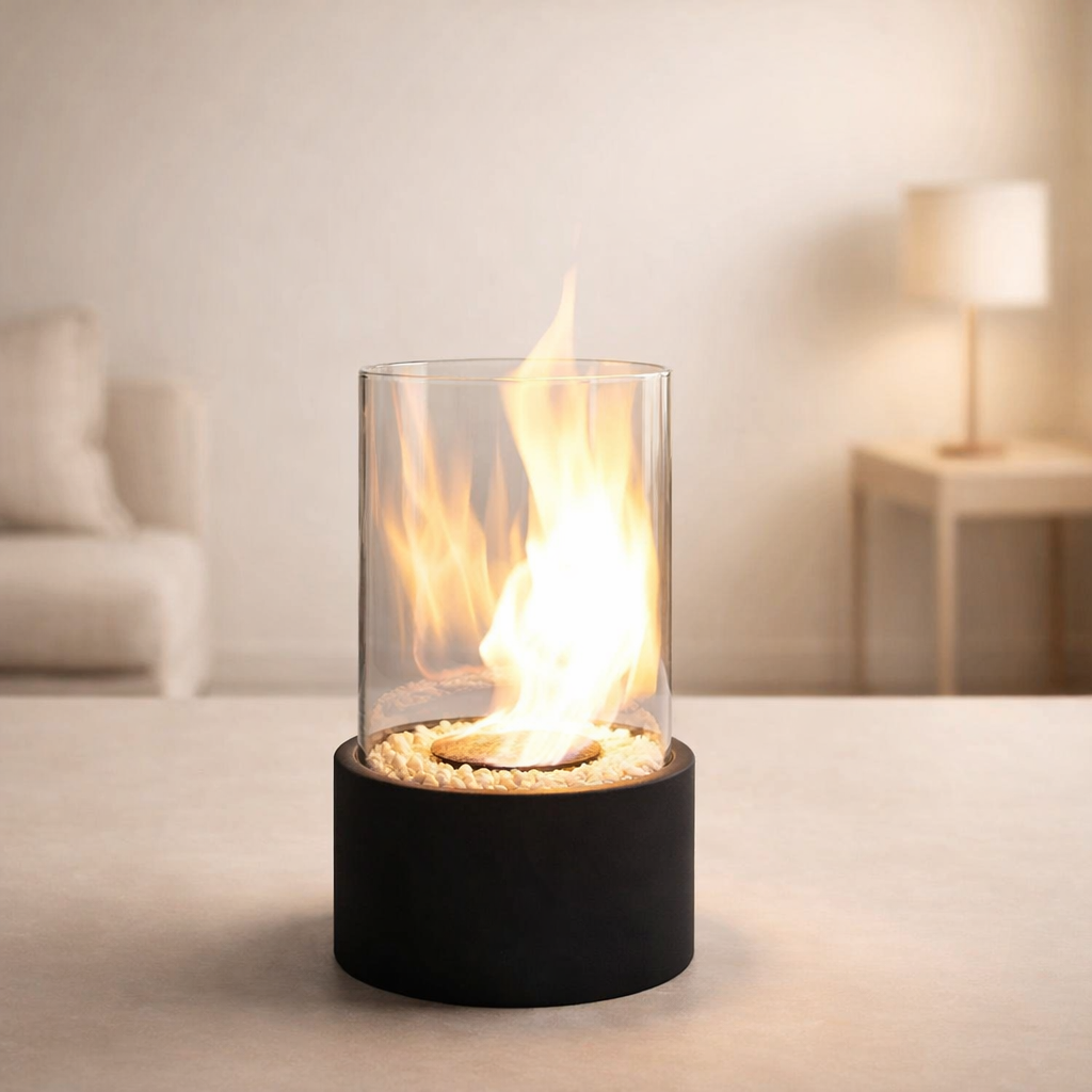 Tabletop Bioethanol Fireplace Portable Heater with Glass Cylinder and Metal Base for Indoors