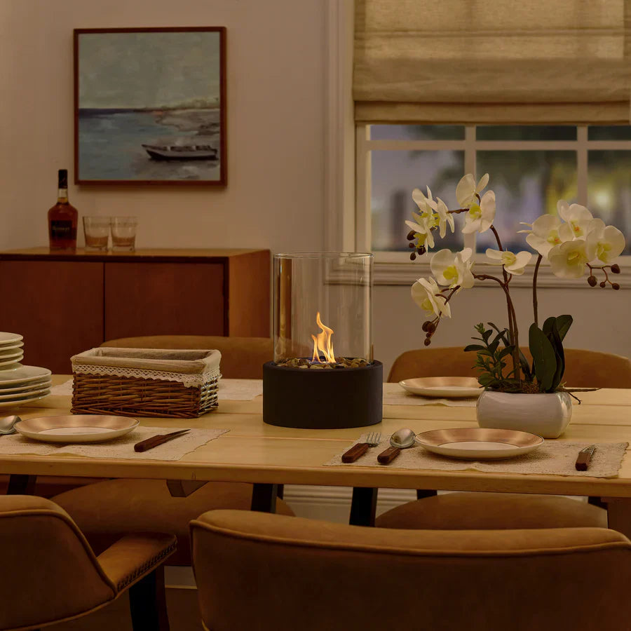 Tabletop Bioethanol Fireplace Portable Heater with Glass Cylinder and Metal Base for Indoors