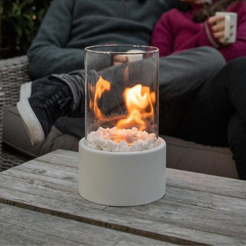 Tabletop Bioethanol Fireplace Portable Heater with Glass Cylinder and Metal Base for Indoors