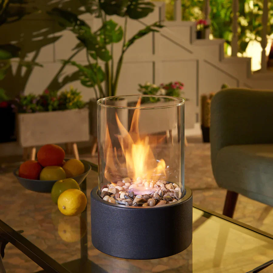 Tabletop Bioethanol Fireplace Portable Heater with Glass Cylinder and Metal Base for Indoors