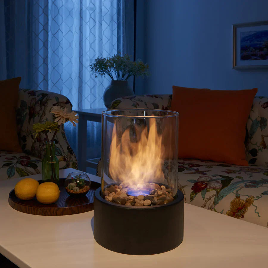 Tabletop Bioethanol Fireplace Portable Heater with Glass Cylinder and Metal Base for Indoors